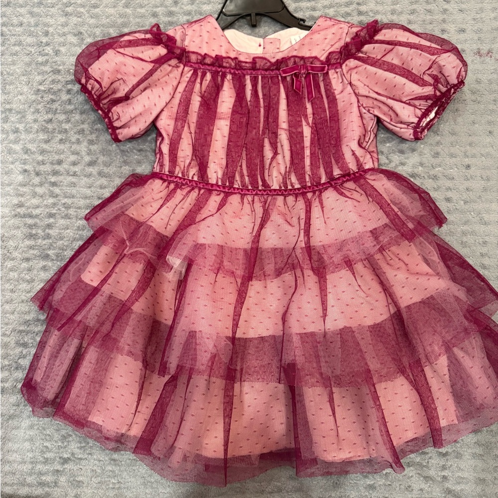 Janie and Jack Magenta Layered Tulle Dress with velvet Bow 5 - Picture 3 of 6